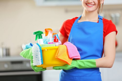 Professional commercial cleaning in a modern office lobby