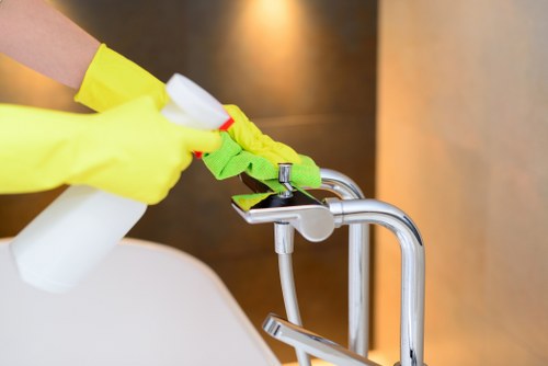 Technician finishing a professional carpet cleaning service